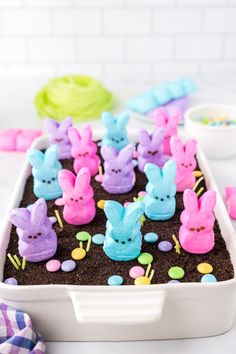 there are some peeps in the dirt on the table and one is made out of chocolate