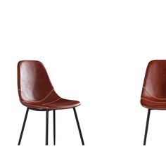 two brown leather chairs sitting next to each other on top of a white floor with black legs