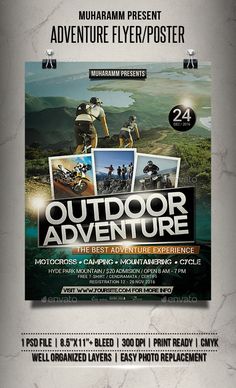 an outdoor adventure flyer with photos and text