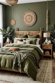 a bedroom with green walls and bedding in the middle, plants on the wall