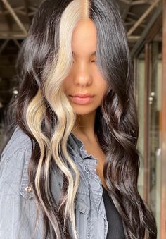 Black Hair With Blonde Highlights, Split Dyed Hair, Hair Streaks, Short Hair Color, Hair Brown