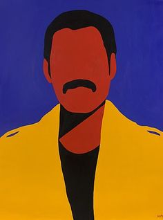 a painting of a man wearing a yellow jacket with a black beard and mustache in front of a blue background