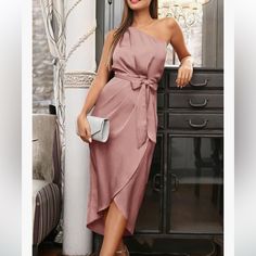 Pink One Shoulder Dress, New With Tags, Side Zip One Shoulder Sundress For Party, One-shoulder Party Midi Dress, Feminine One-shoulder Midi Dress For Day Out, Casual One Shoulder Midi Dress For Date Night, Amazon Summer Evening Dresses, Amazon Party Dresses For Spring, Chic Knee-length Dresses By Amazon, Summer Midi Dress For Date Night By Amazon, Amazon Summer Dresses For Date Night