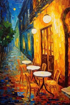 an oil painting of tables and chairs on the side of a street at night time