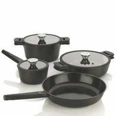 three pots and two pans are shown with lids on them, one is black