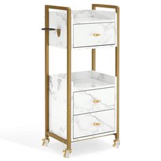 a white and gold shelf with three drawers on each side, one drawer is open