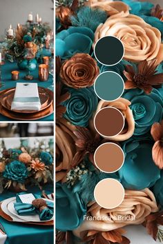 an image of a table setting with blue and orange flowers in the center, green napkins