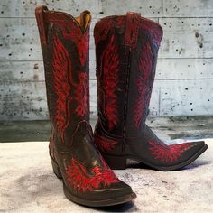 Rarestar By Old Gringo Red Eagle Black Leather & Snake Handmade Vintage Cowboy Boot. Gorgeous!! Vintage Red And Black Cowboy Boot Americana Eagle They Are Gorgeous Size Woman 9 B “ Narrow To Medium Width Red And Black Cowboy Boots, Vintage Black Boots For Rodeo, Luxury Red Cowboy Boots, Vintage Red Cowgirl Boots, Western Style Red Leather Mid-calf Boots, Red Eagle, Eagle Black, Black Cowboy Boots, Vintage Cowboy Boots