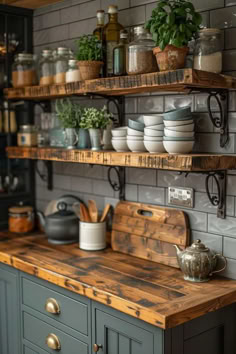 32 Open Shelving Kitchen Designs with Vintage Charm Kitchen Industrial Shelves, Rustic Shelf For Kitchen, Basement Kitchenette Open Shelving, Kitchen With Open Cabinets, Reclaimed Wood Kitchen Shelves, Rustic Kitchen Shelving, Modern Vintage Decor Kitchen, Diy Kitchen Shelves Wall Shelves, Old Kitchen Decor