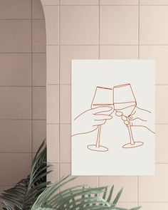 a drawing of two glasses of wine in front of a white tile wall and green plant