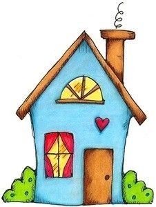 a drawing of a blue house with a red heart on the door and window above it