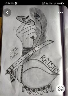 a drawing of a person holding a knife and looking at something in his hand with the word krish on it