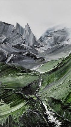 an abstract painting with green and grey colors