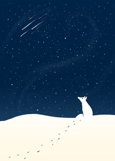 a fox sitting on top of a snow covered hill under a night sky with stars