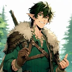 an anime character with green hair and horns on his head, wearing a green outfit