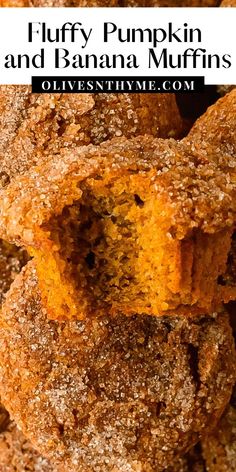 a pile of fluffy pumpkin and banana muffins with text overlay that reads, fluffy pumpkin and banana muffins