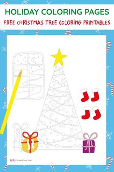 christmas tree coloring page for kids with presents and gifts on the bottom right hand corner