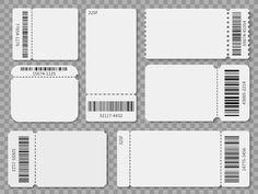 four blank tickets with barcodes on the front and back, all in white