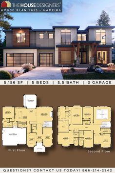 two story house plan with three garages and an open floor plan in the middle