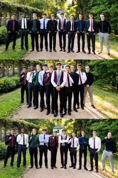 the men are posing for pictures in their ties and vests on the side of the road