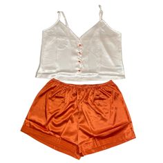 Shein Satin Cami Top Two Piece Orange Bridesmaids Wedding Pj Set Slip Right Into Bed With This Easy To Wear Cami Set. With A Short Cami Tank Top Accented With Orange Buttons And Matching Elastic Waist Shorts. New With Tags, And Contains No Flaws. Look Confident, Feel Confident Offers Welcome Orange Pajamas, Orange Bridesmaids, Look Confident, Pajamas Aesthetic, Orange Bridesmaid, Lounge Wear Set, Silky Pajamas, Satin Pj Set, Satin Cami Top