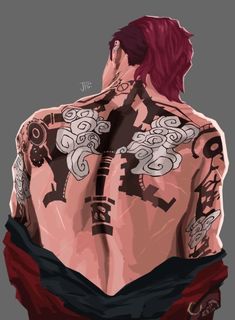 a man with red hair and tattoos on his back