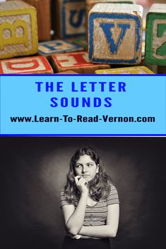 a woman standing in front of blocks with the words the letter sounds written on them