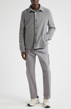 A soft jersey lining allows this herringbone shirt-jacket the option to solo, making it an all-season-appropriate wardrobe essential. 27 1/2" length; 44" chest (size 38US/48EU) Front button closure Spread collar Long sleeves with button cuffs Side welt pockets Curved hem Partially lined 40% cotton, 34% wool, 16% polyester, 10% polyamide Dry clean Made in Italy Designer Clothing Everyday Outerwear With Welt Pockets And Straight Hem, Everyday Outerwear With Straight Hem And Welt Pockets, Casual Wool Outerwear For Everyday, Casual Everyday Wool Outerwear, Casual Button-up Outerwear With Welt Pockets, Casual Winter Outerwear With Straight Hem, Casual Straight Hem Winter Outerwear, Casual Wool Shacket For Work, Casual Collared Sport Coat With Welt Pockets