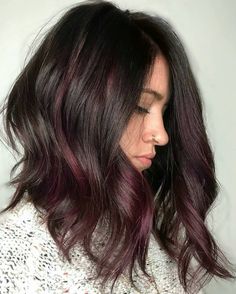 Midlength Shag With Bangs, Burgundy Highlights On Dark Hair Short, Brunette Purple Ombre, Mahogany Balayage, Hair Color Plum, Asymmetrical Haircut, Hairstyles For Thick Hair, 2023 Hair