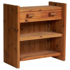 a wooden shelf with two drawers on one side and an open drawer on the other