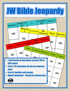 an image of a game board with the words jw bible jeopardy on it