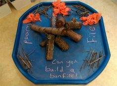 a blue plate topped with sticks and flowers