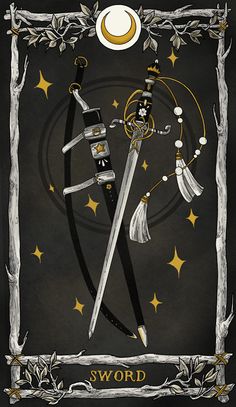 an illustration of two swords with the moon in the background and stars all around them