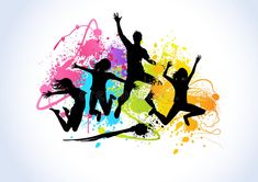 silhouettes of people jumping in the air with paint splattered on them and splashing