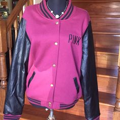 Nwt-Victoria’s Secret Pink Bomber, Varsity Black & Burgundy Jacket. Lovely Cotton & Polyester In L/G; Pink On The Front Side & “P” W/Wreath On The Back. Pink Sporty Varsity Jacket For Spring, Sporty Pink Varsity Jacket For Spring, Pink Varsity Winter Outerwear, Pink Varsity Long Sleeve Outerwear, Pink Winter Varsity Jacket, Pink Varsity Outerwear For Winter, Pink Winter Varsity Jacket For College, Pink Varsity Jacket For College In Winter, Pink Long Sleeve Varsity Jacket For Winter