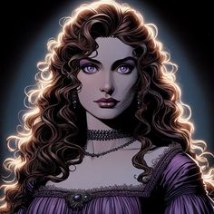 a drawing of a woman with long curly hair and blue eyes wearing a purple dress