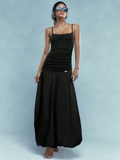 Ruched Long Hem Cami Maxi Dress Black Casual  Sleeveless Woven Fabric Plain Cami Non-Stretch  Women Clothing, size features are:Bust: ,Length: ,Sleeve Length: Black Maxi Dress Casual, Dress Black Casual, Cami Maxi Dress, Maxi Dress Black, Midi Short Sleeve Dress, Women Midi, Womens Midi Dresses, Bodycon Mini Dress, Womens Maxi Dresses