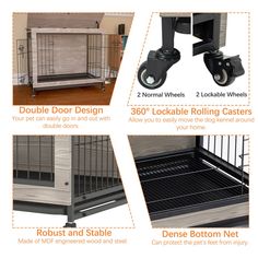 four different types of dog cages with wheels on each side and the names below them