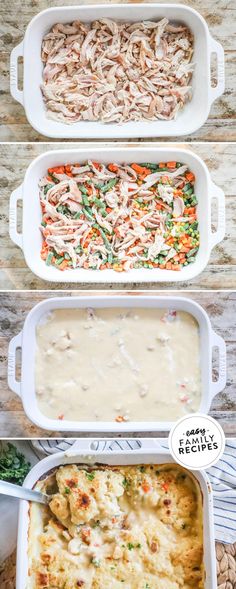 four different types of chicken casserole in white baking dishes with text overlay