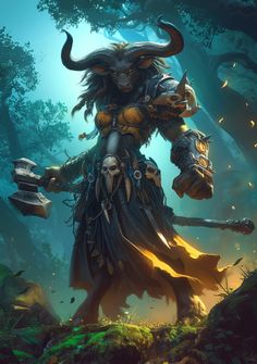 an image of a demon with horns and armor in the woods, holding two axes