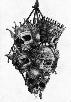 a black and white drawing of skulls with crowns on their heads in the shape of a pyramid