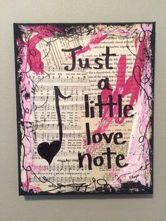 "Music teacher, Elexa, of Lexicon of Love hand creates each piece in the shop in Atlanta. \"Just a little love note\" is romance and Valentine's Day. A perfect gift for your boyfriend or girlfriend who love music! The original painting shown in the pictures is on canvas and uses sheet music, vintage book pages, acrylic paints, and black sharpie. THIS LISTING IS FOR AN ART PRINT OF THIS PAINTING ON LASER PRINT 32 lbs. PAPER. This original art print measures 8x10 inches and is simple to frame. Prints are packaged in clear sealed wrapping against a hard black card stock with a small artist biography card. Each art piece is personally printed by Elexa on 32 lbs laser print paper and handcut to 8x10 inches for easy matting and framing. You also have the option of buying an 8x10 inches canvas ve Wedding Anniversary Painting, Anniversary Painting, Sheet Music Vintage, Painting Romantic, Musical Theater Gifts, Wedding Wall Art, Vintage Book Pages, Book Wall Art, Theatre Gifts