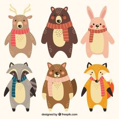 four cute animals wearing scarves and scarfs