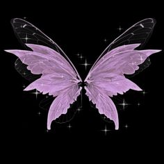 a pink butterfly with stars on it's wings is shown in the dark background