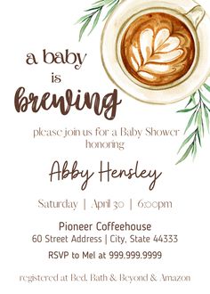 a baby is brewing shower card with a cup of cappuccino and leaves