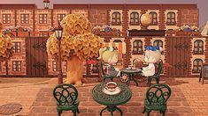 an animated image of two people sitting at a table in the middle of a courtyard