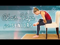 a woman sitting on top of a chair in front of the words chair yoga for seniors