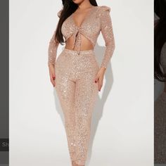 Fashion Nova Rose Gold Sequin Jumpsuit Size Small Nwt Sold Out Online Pink High-waist Jumpsuits And Rompers For Party, Pink High-waist Jumpsuit For Party, High Waist Pink Jumpsuit For Party, High-waist Pink Jumpsuit For Party, Chic Party Sets With High Waist, Chic Party Set With High Waist, Rose Gold Sequin Jumpsuit, Rose Gold Jumpsuit, Gold Sequin Jumpsuit