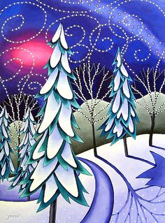 a painting of snow covered trees in the night