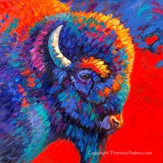 a painting of a colorful bison on an orange background